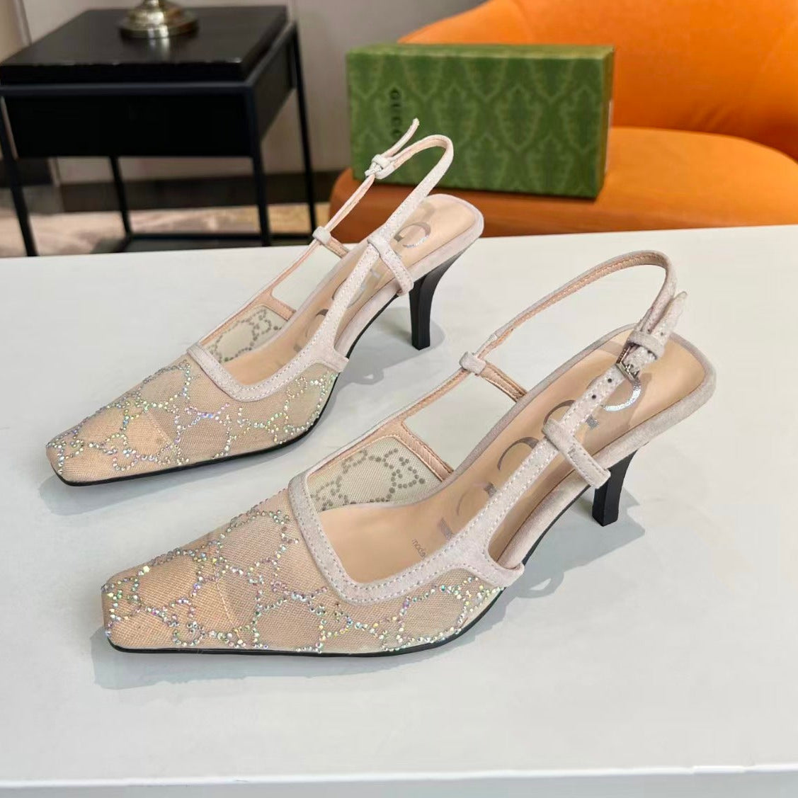 Gucci 2026 Slingback Pump 70mm Light Pink Mesh Leather