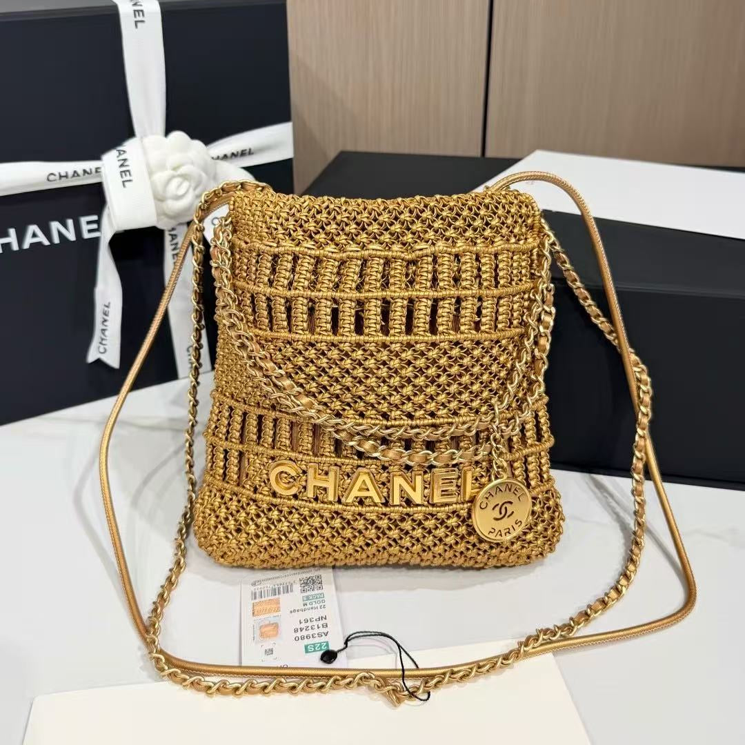 CC Mini 22 Bag 23cm Gold Woven Cowhide Bag