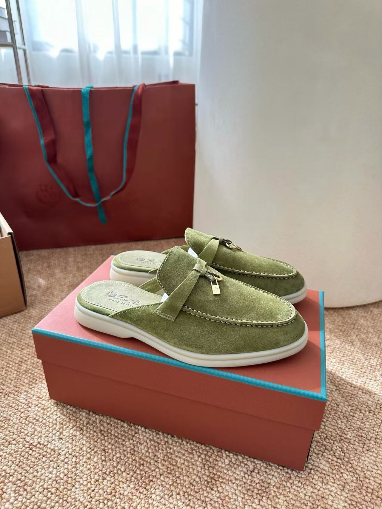 Loro Piana 2026 Charms Walk Flat Mules Olive Green Suede