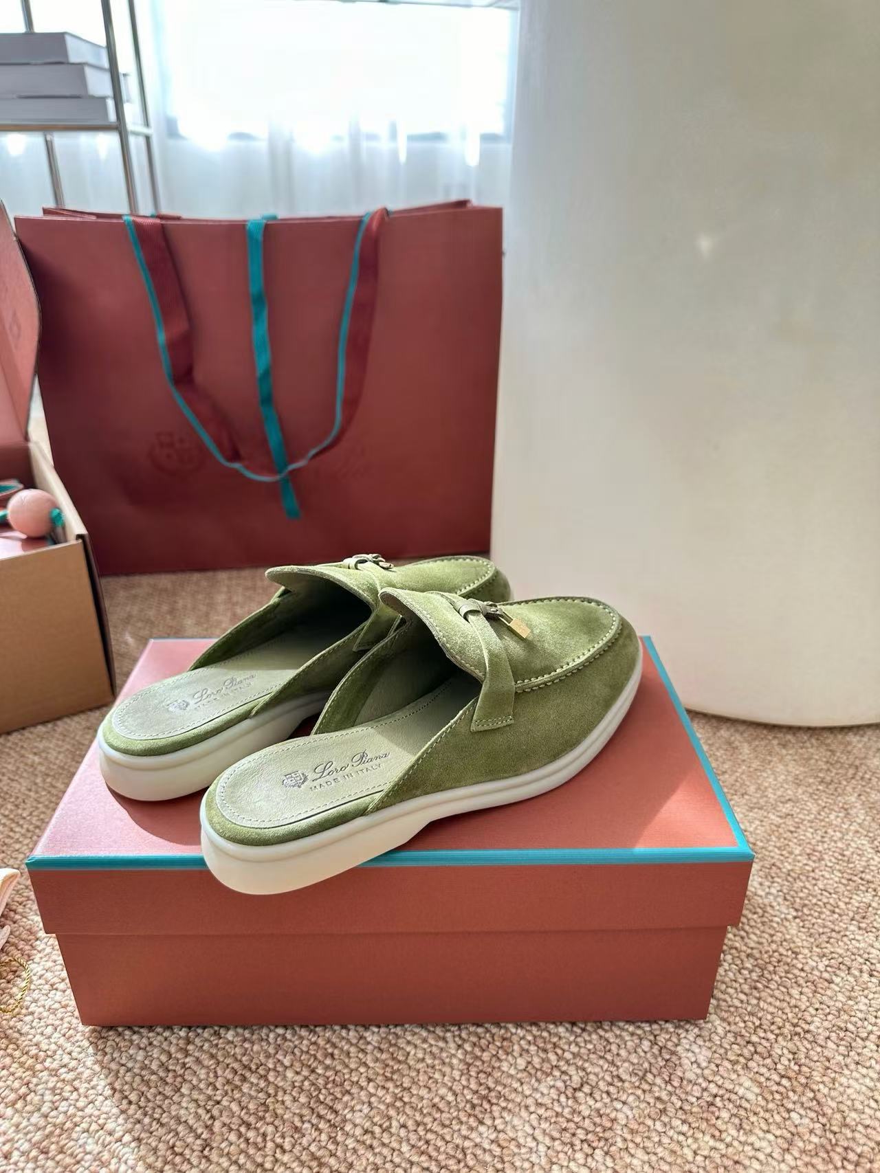 Loro Piana 2026 Charms Walk Flat Mules Olive Green Suede