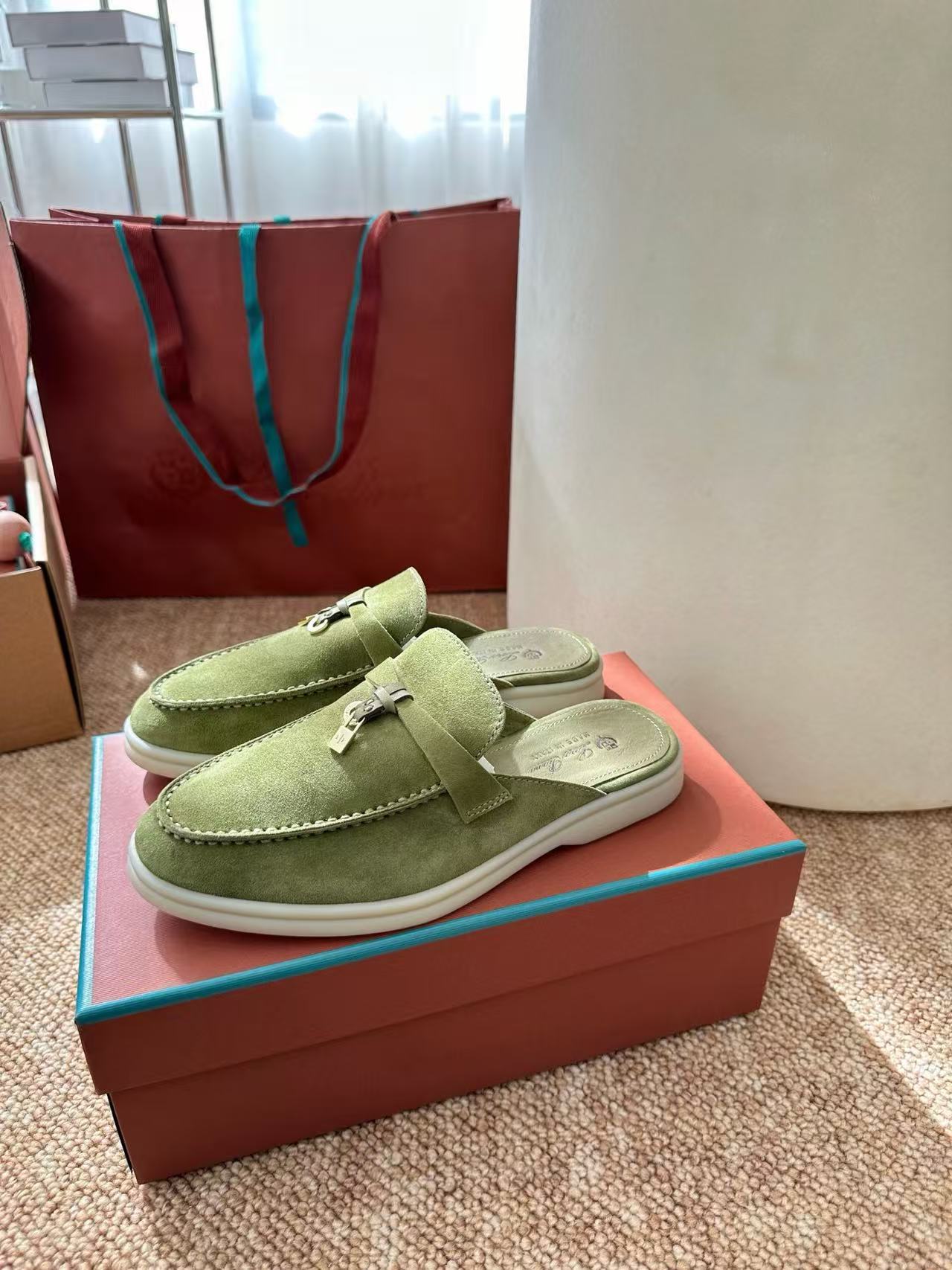Loro Piana 2026 Charms Walk Flat Mules Olive Green Suede