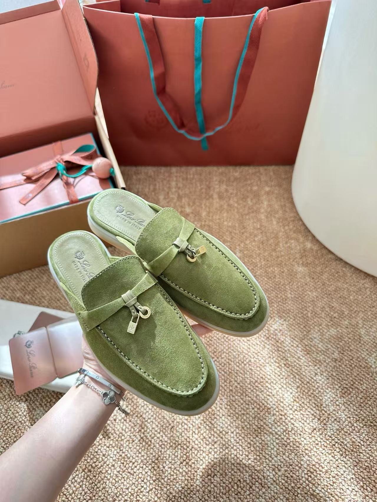 Loro Piana 2026 Charms Walk Flat Mules Olive Green Suede