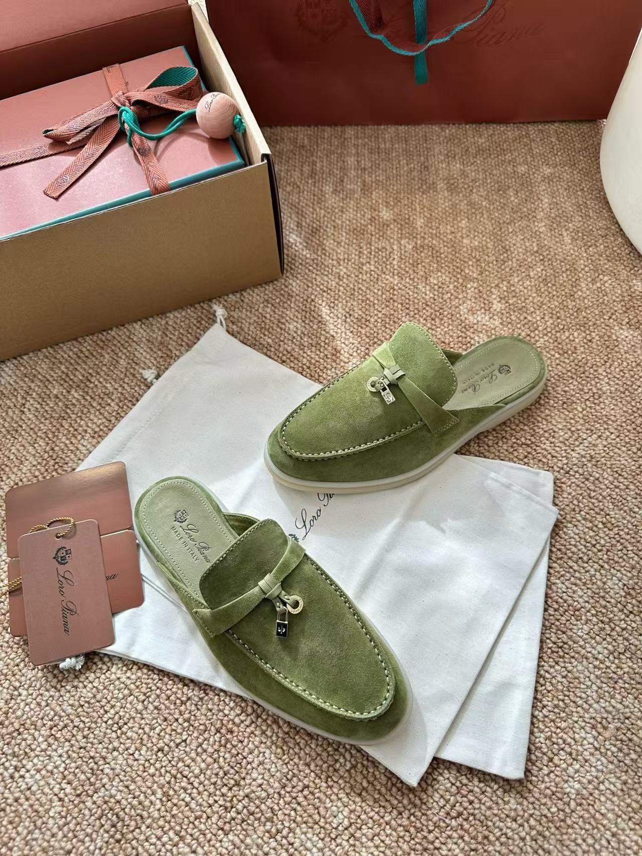 Loro Piana 2026 Charms Walk Flat Mules Olive Green Suede