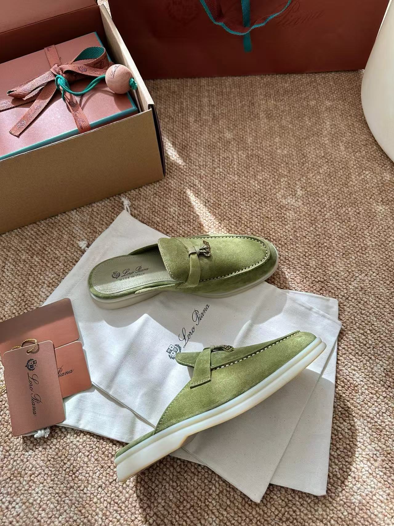 Loro Piana 2026 Charms Walk Flat Mules Olive Green Suede