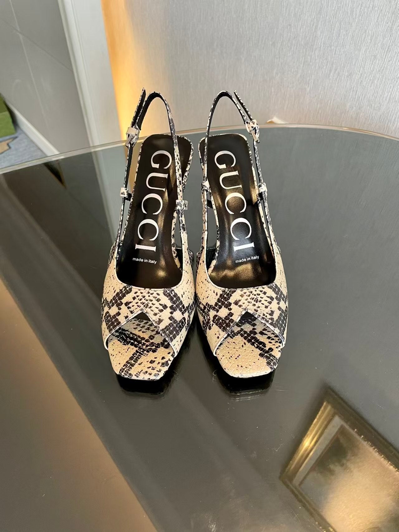 Gucci 2026 Python Heeled Sandal 75mm Cream Black Leather