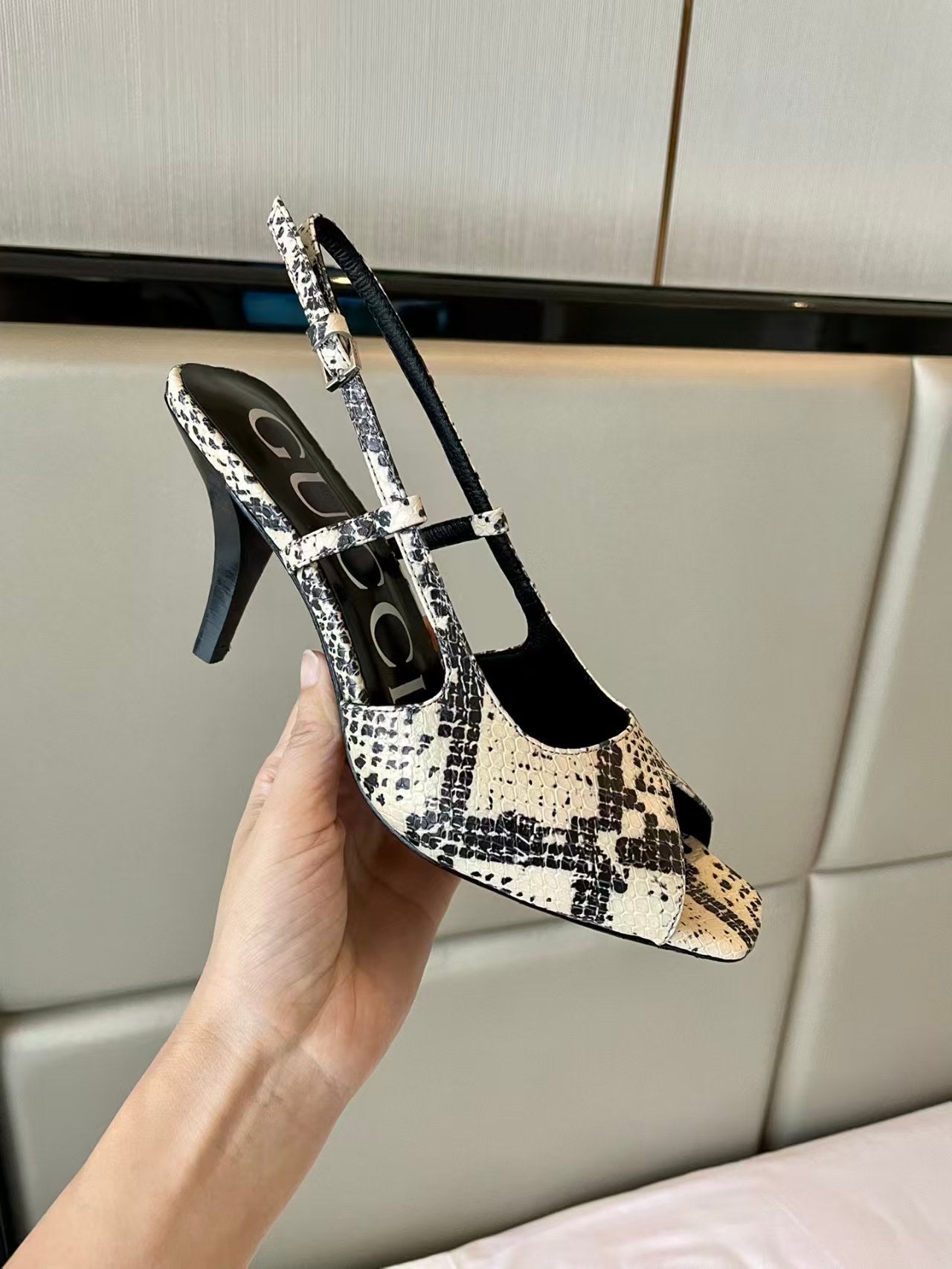 Gucci 2026 Python Heeled Sandal 75mm Cream Black Leather