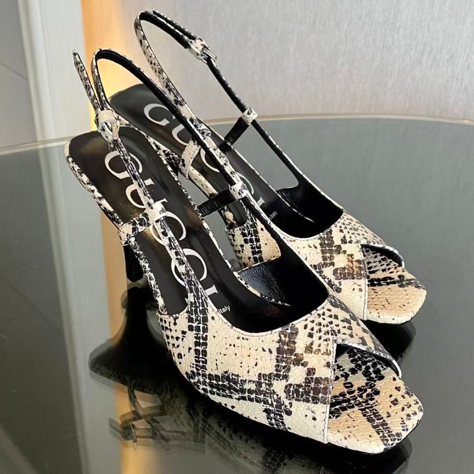 Gucci 2026 Python Heeled Sandal 75mm Cream Black Leather