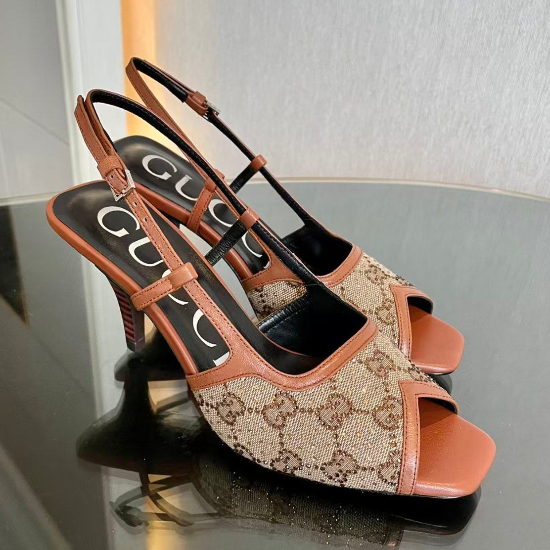 Gucci 2026 Heeled Sandal 75mm Ebony Brown Canvas Leather