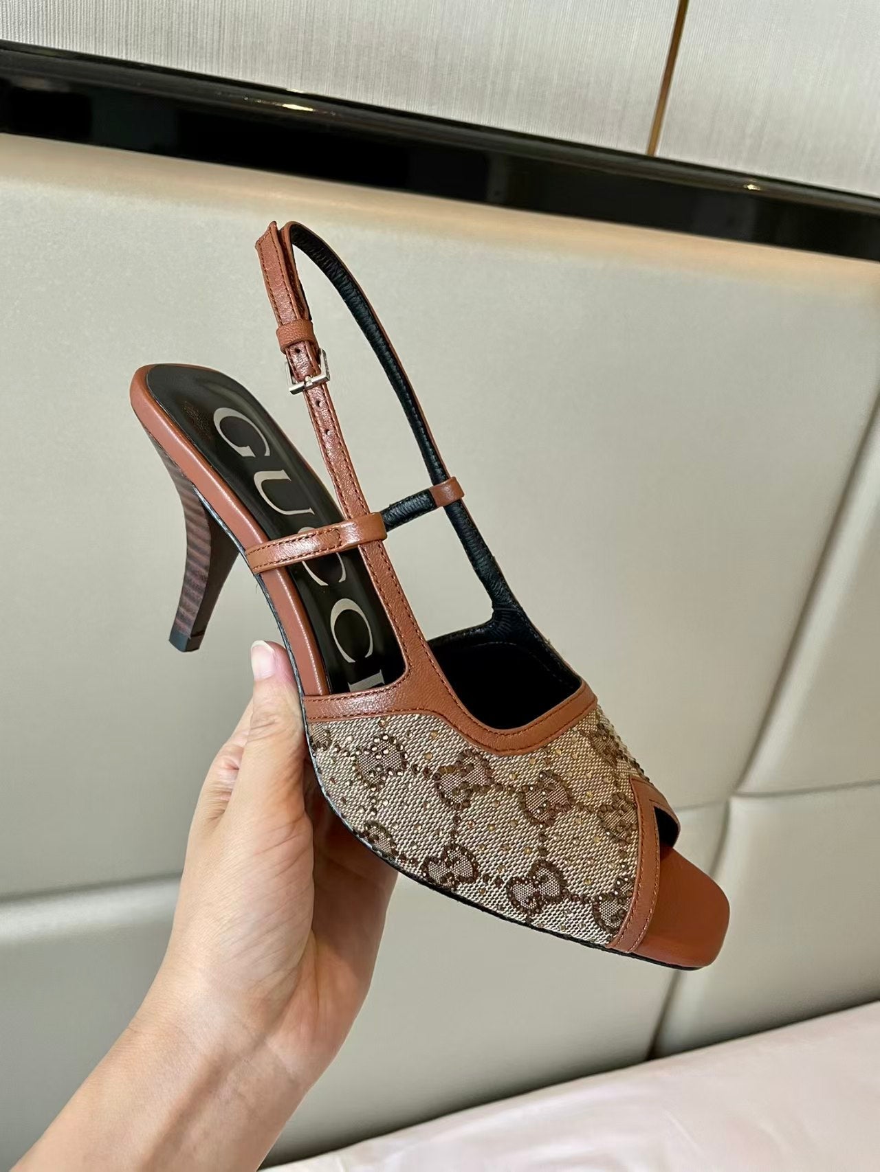 Gucci 2026 Heeled Sandal 75mm Ebony Brown Canvas Leather