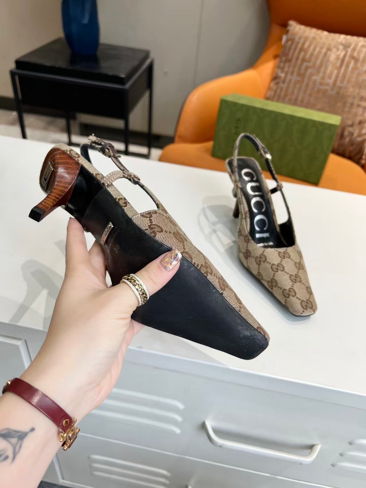 Gucci 2026 Slingback Pump 75mm Brown Canvas Leather