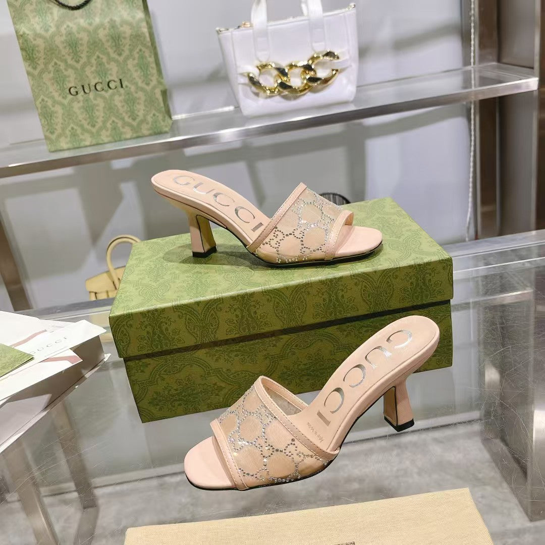Gucci 2026 Embellished GG Mules 75mm Mesh Leather