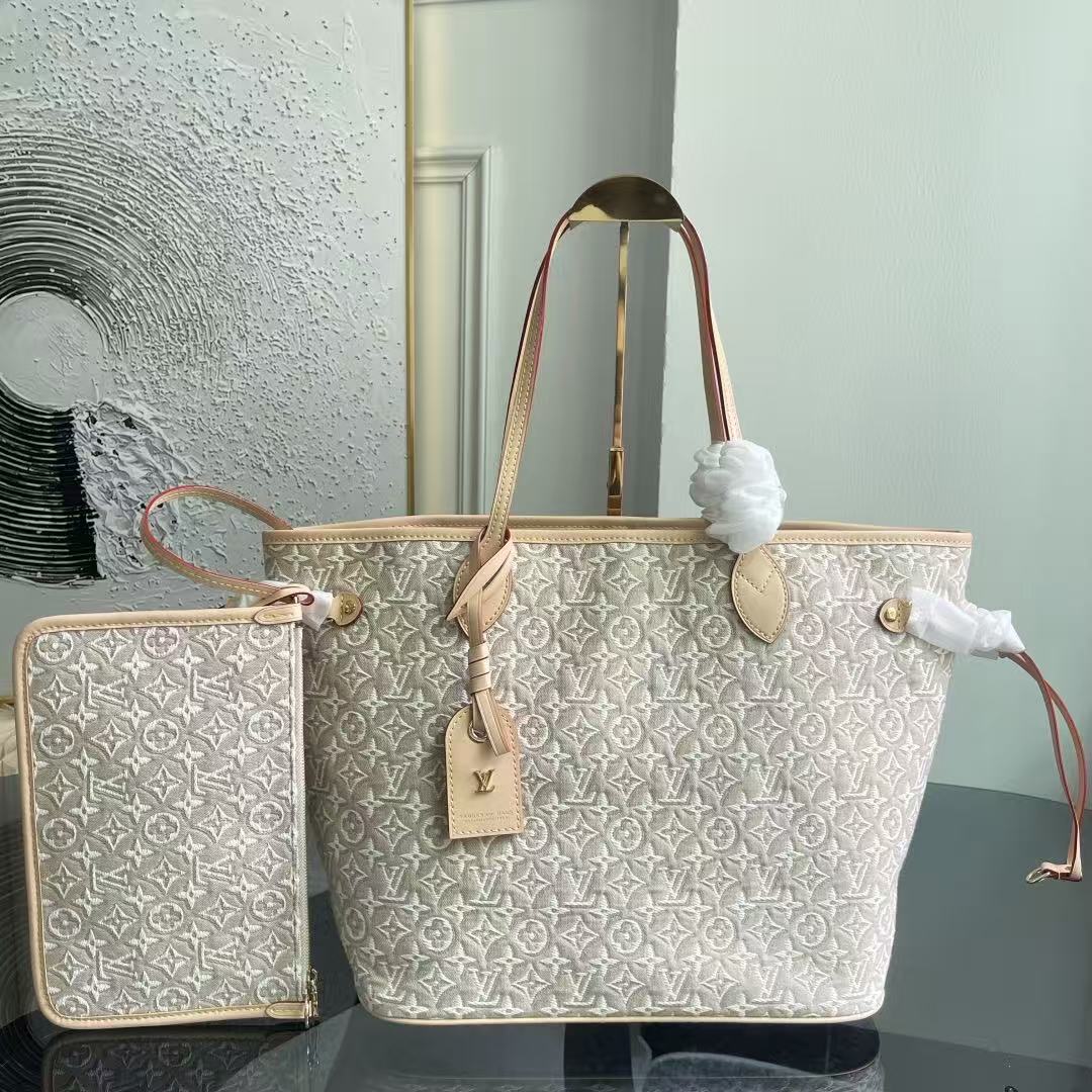 Louis Vuitton 2026 Neverfull MM Bag 31cm Beige White Canvas Leather