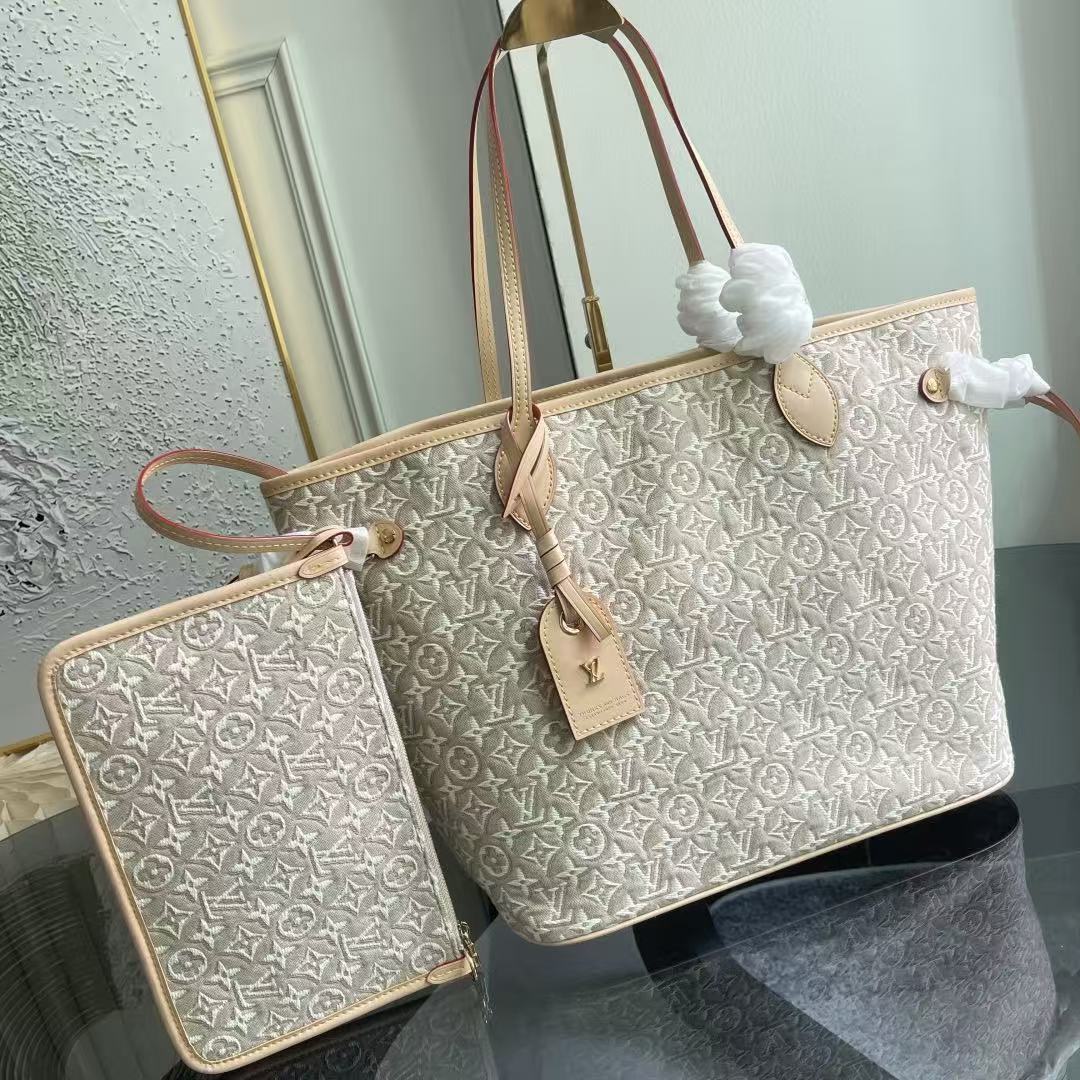 Louis Vuitton 2026 Neverfull MM Bag 31cm Beige White Canvas Leather