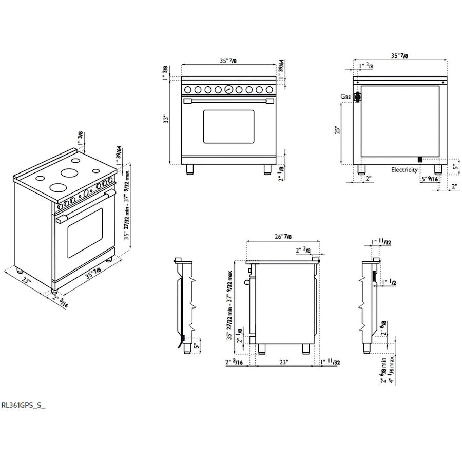 Superiore RL361GPS_S_  LA CUCINA 36” Panorama Stainless Steel Gas Range with 5 Burners and Convection Oven
