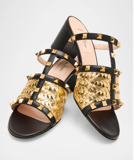 VT 2025 60mm Rockstud Intreccio Metallic Nappa Leather Slide Sandals