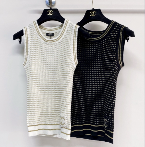 Chanel 2026 Knit Vest Cream and Navy Blue Tencel Nylon