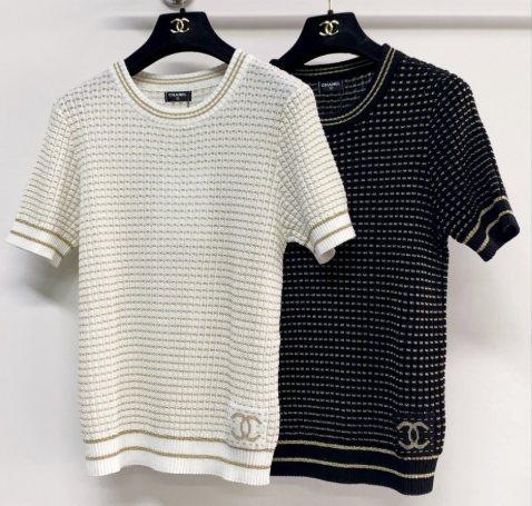 Chanel 2026  Short-Sleeve Shirt Cream and Navy Blue Tencel Nylon