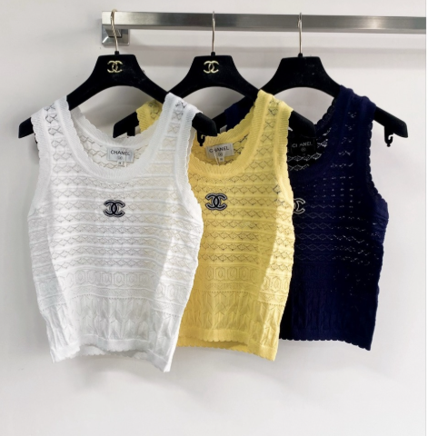 Chanel 2026 Vest White Yellow Navy Blue Wool Tencel
