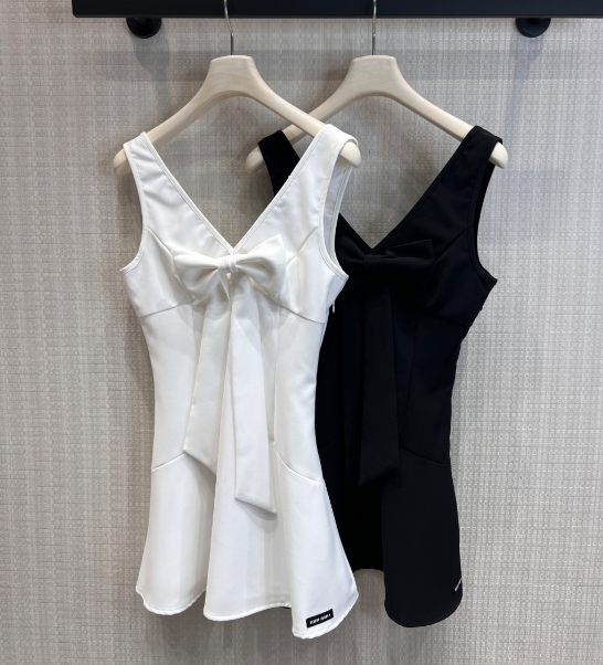 Miumiu 2026 V-neck Bow Vest Dress Black and White Polyester 356964