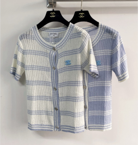 Chanel 2026 Short-sleeved Cardigan Blue White Wool Nylon 149490