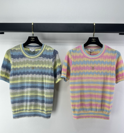 Chanel 2026 Striped Knit Short-sleeved Top Wool Cashmere 368456