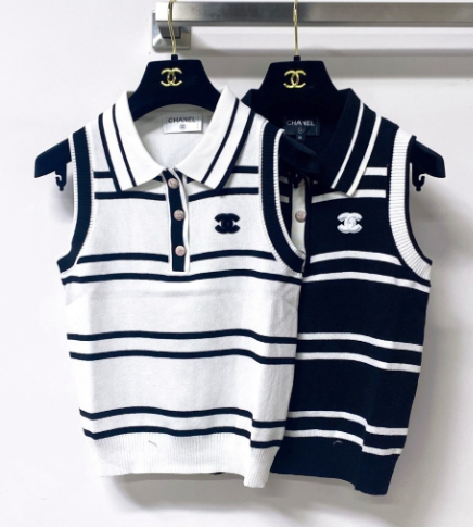 Chanel 2026 Striped Vest White and Black Tencel Wool 295249
