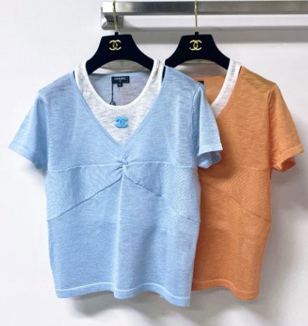 Chanel 2026 Short-sleeved Shirt Orange Blue Wool Cashmere 295246