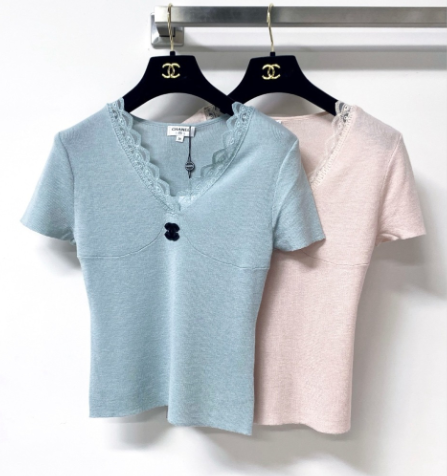Chanel 2026 Lace V-neck Shirt Blue Pink Wool Cashmere 295236