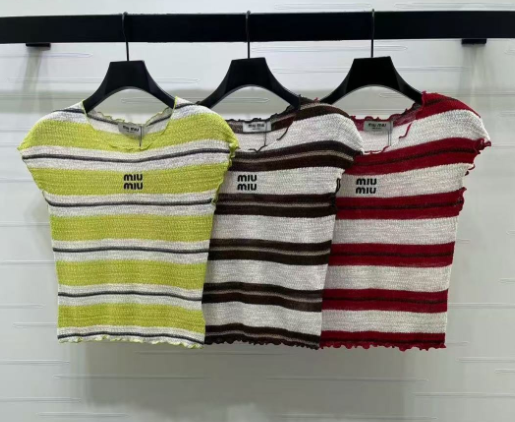 Miumiu 2026 Color-blocked Striped Knit Short-sleeved Top Cotton 380669