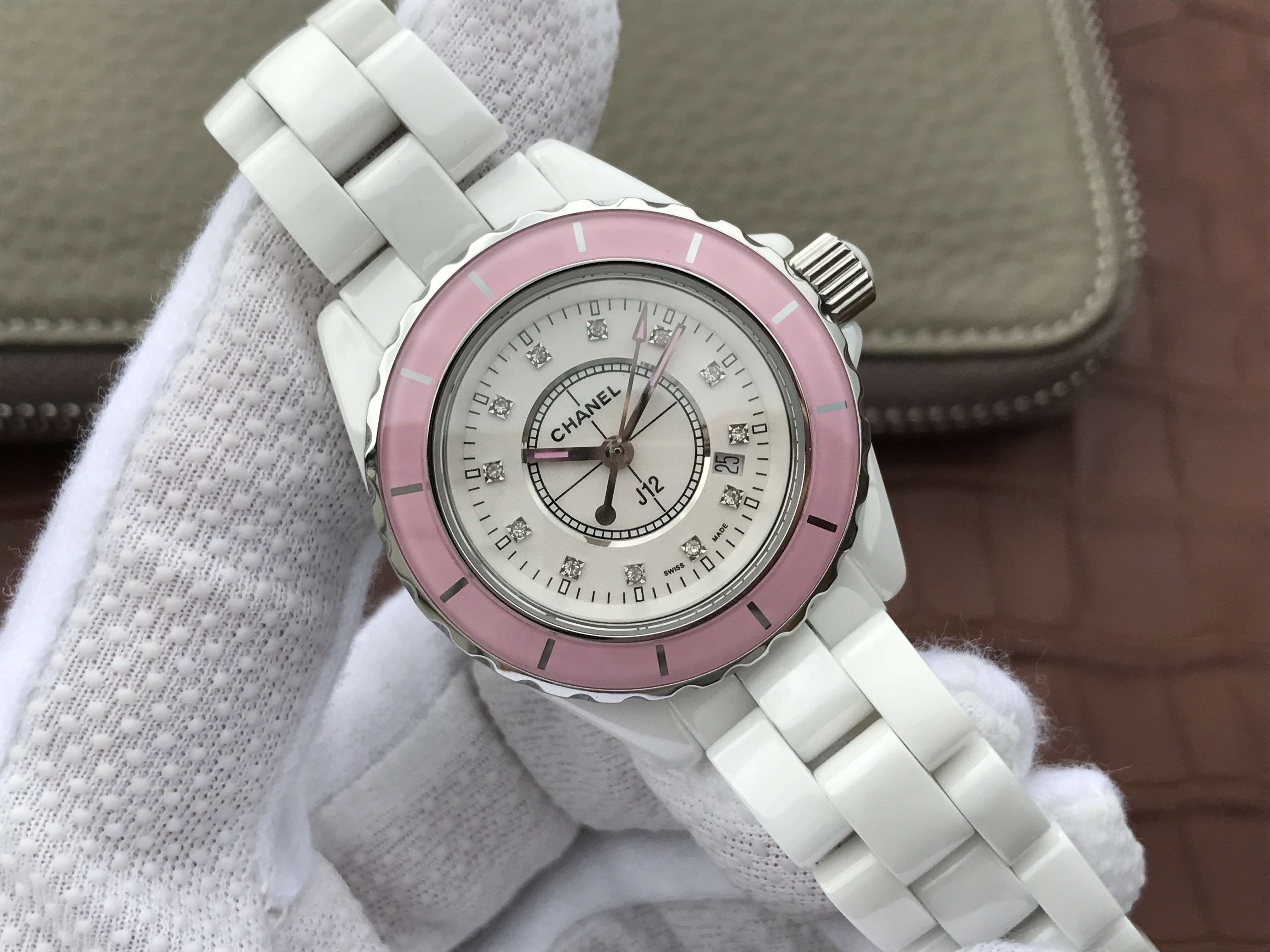 J12 PINK BEZEL WHITE DIAL DIAMOND NUMERALS 33MM