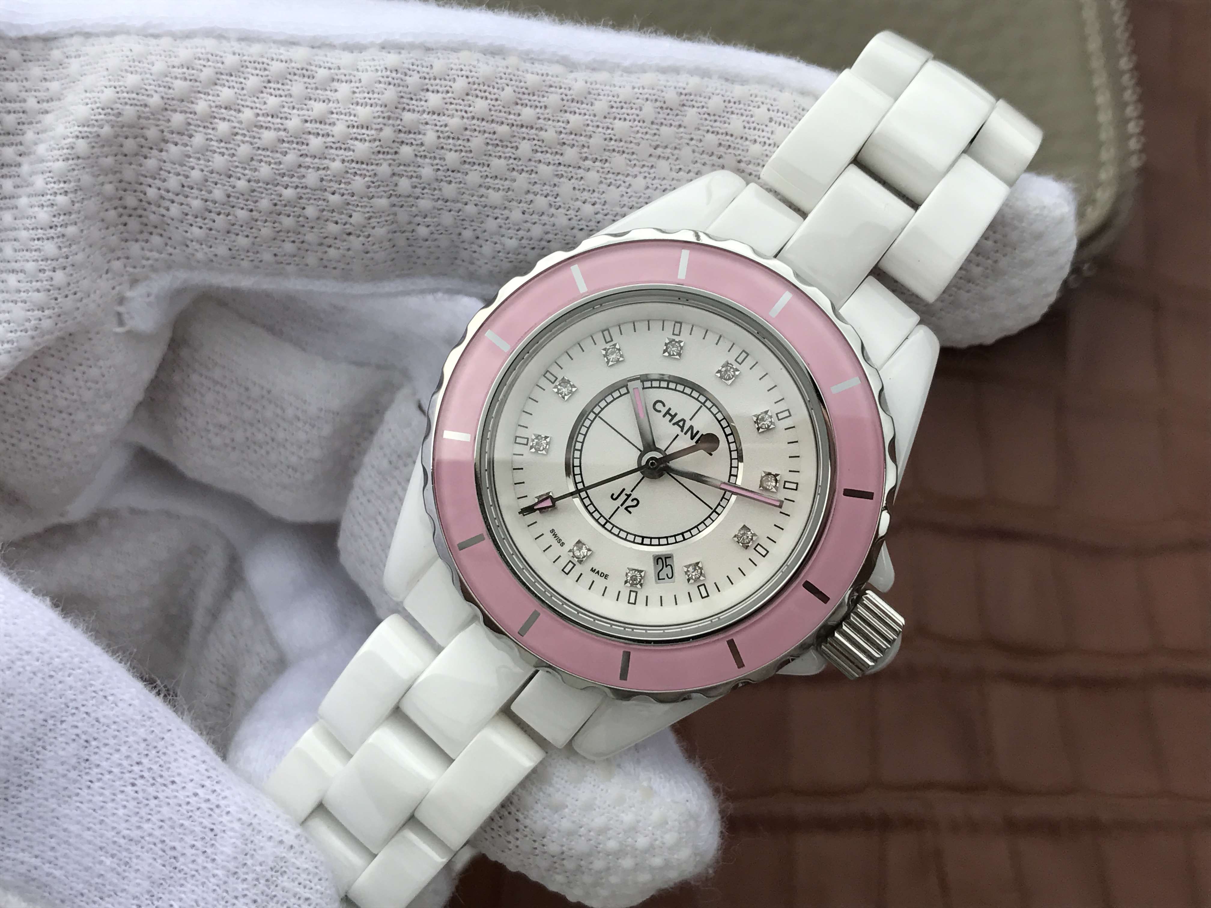 J12 PINK BEZEL WHITE DIAL DIAMOND NUMERALS 33MM