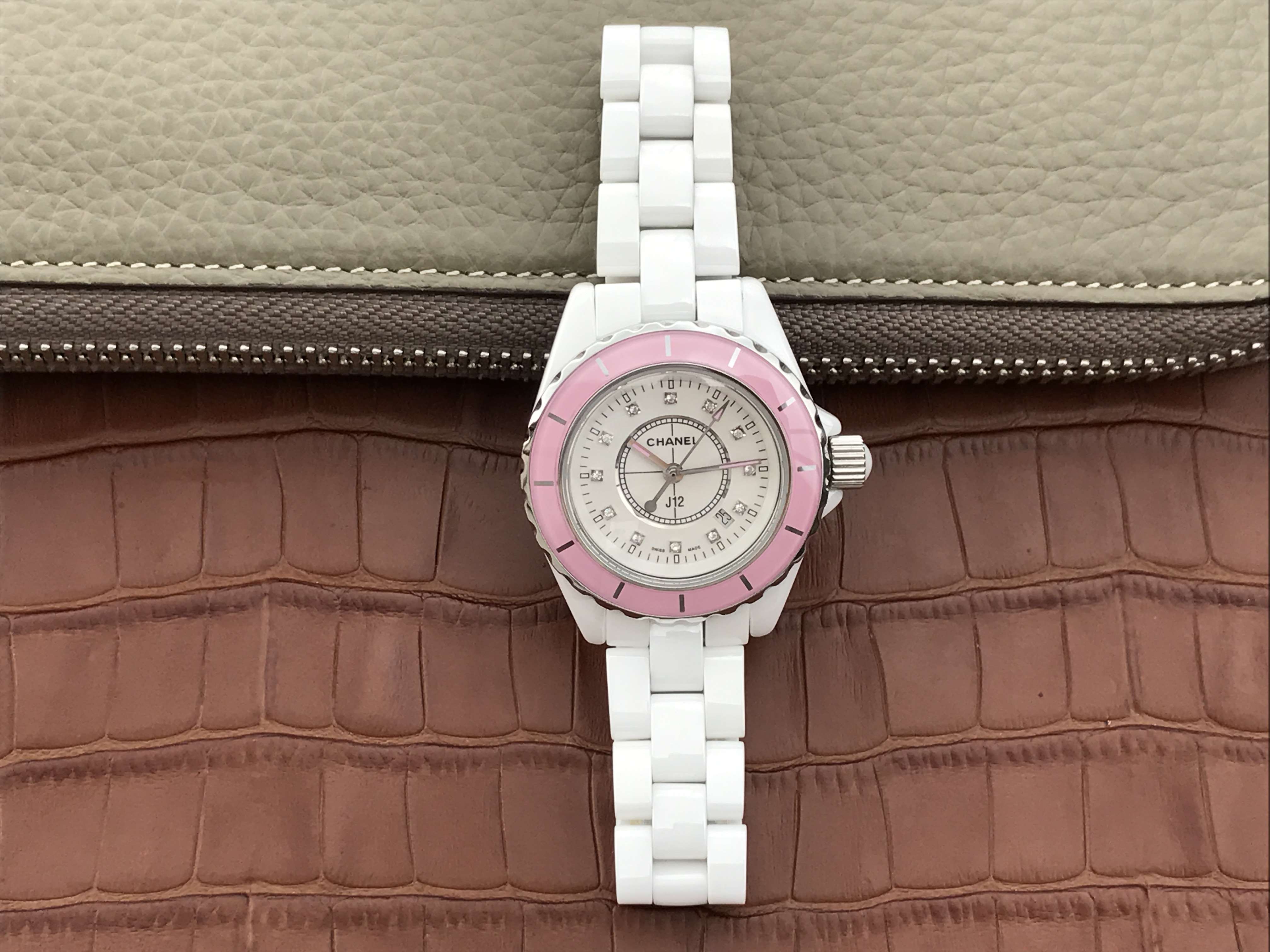 J12 PINK BEZEL WHITE DIAL DIAMOND NUMERALS 33MM