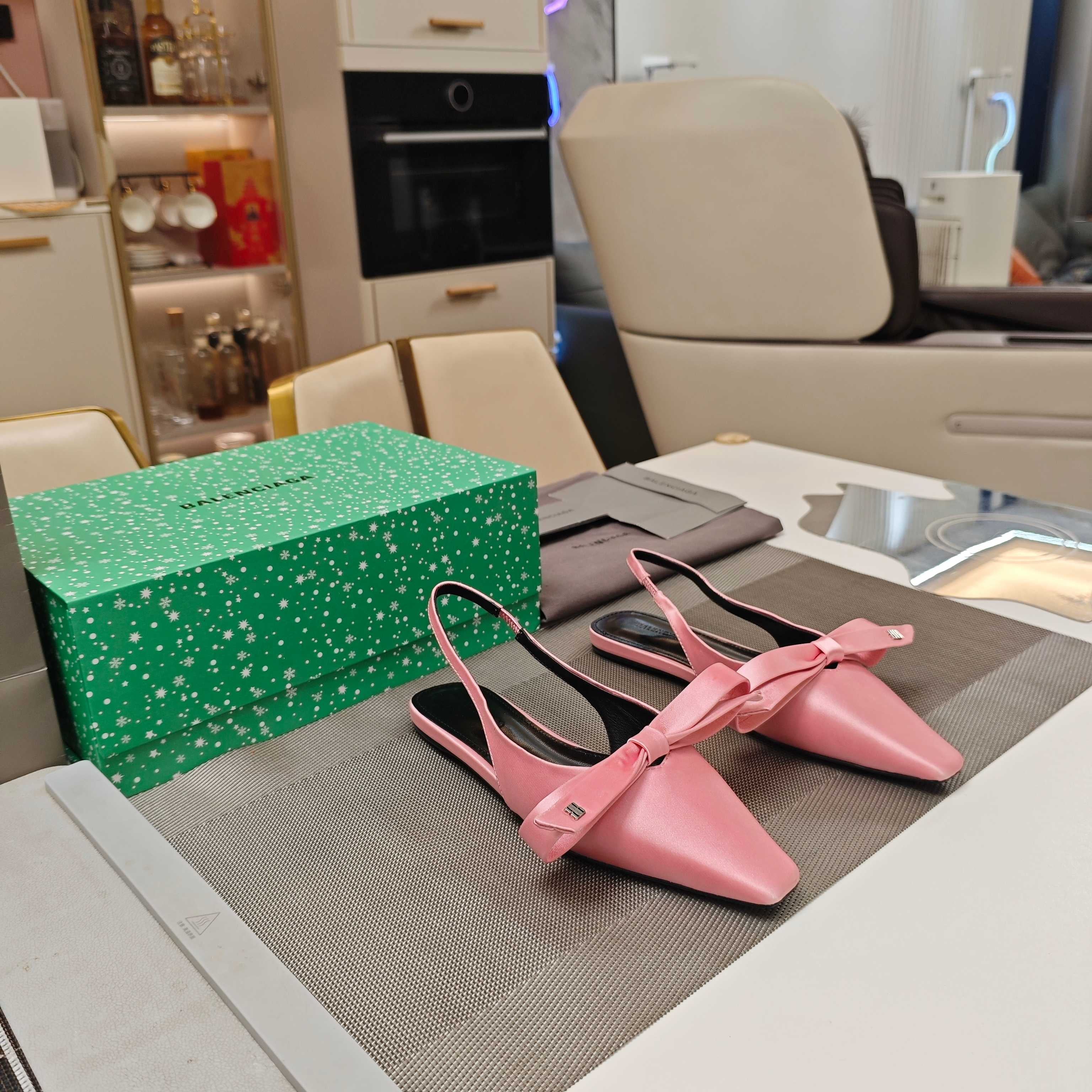 Balenciaga 26s Slingback Flats Satin Leather Ribbon
