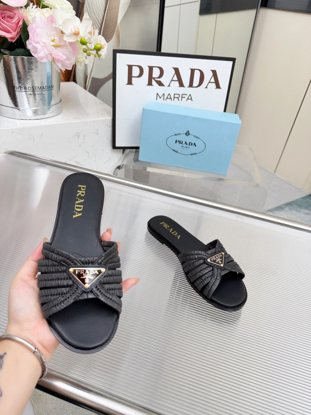 Prada 2026 Crochet Slide Raffia Leather 715974