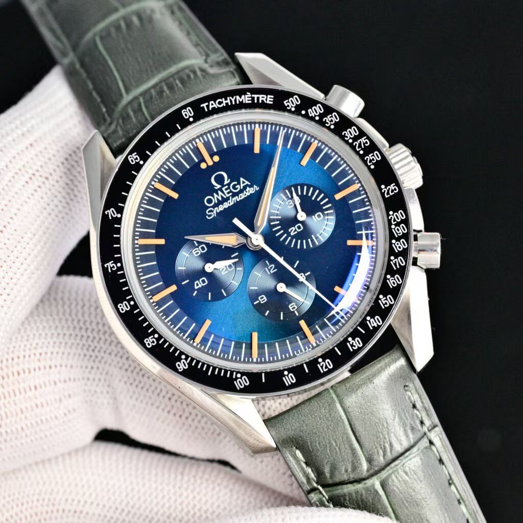 Omega Speedmaster Professional Moonwatch 42cm Blue Dial Khaki Leather Strap
