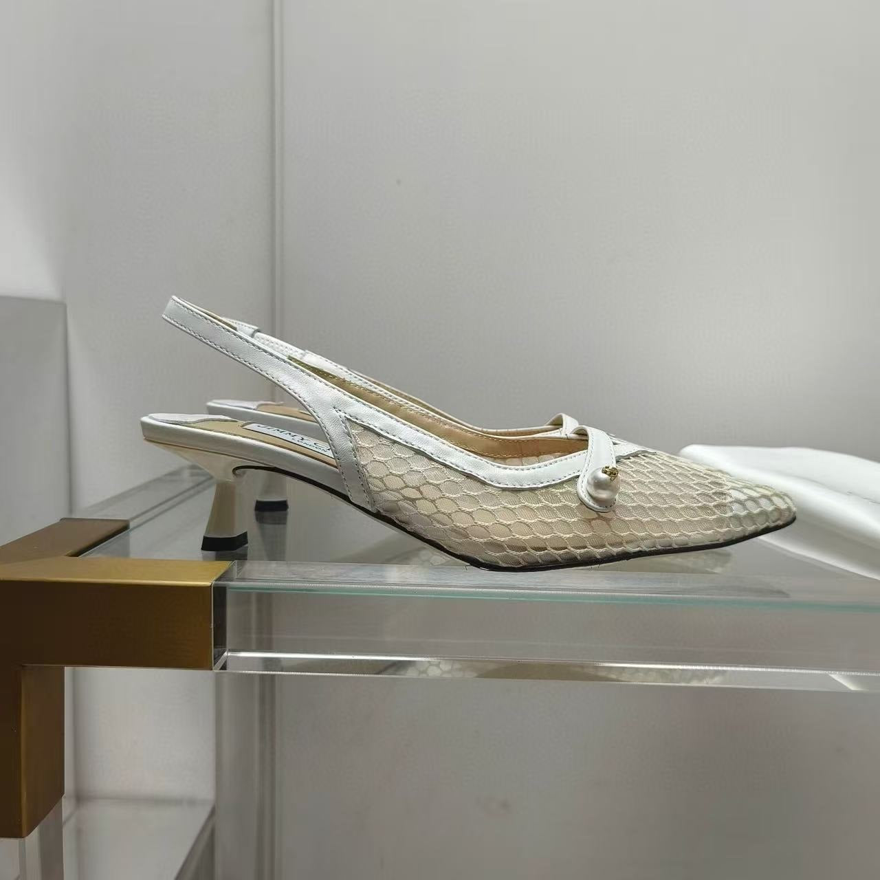 Jimmy Choo Slingback Pum White Beige Heel Mesh and Leather