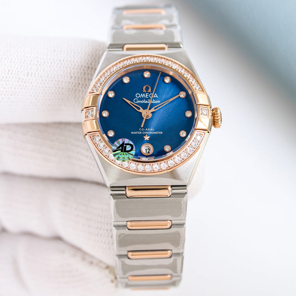 Omega Constellation 29mm Steel Rose Gold Diamond Benzel Blue Dial