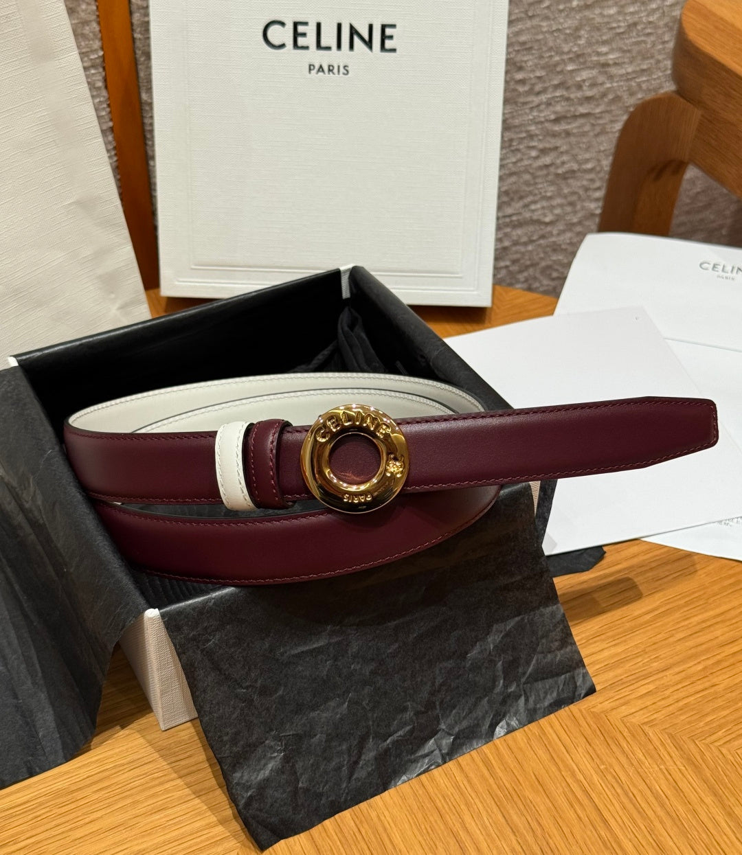 Celine 2026 Disc Buckle & Reversible Strap Belt 2.5cm Burgundy Leather