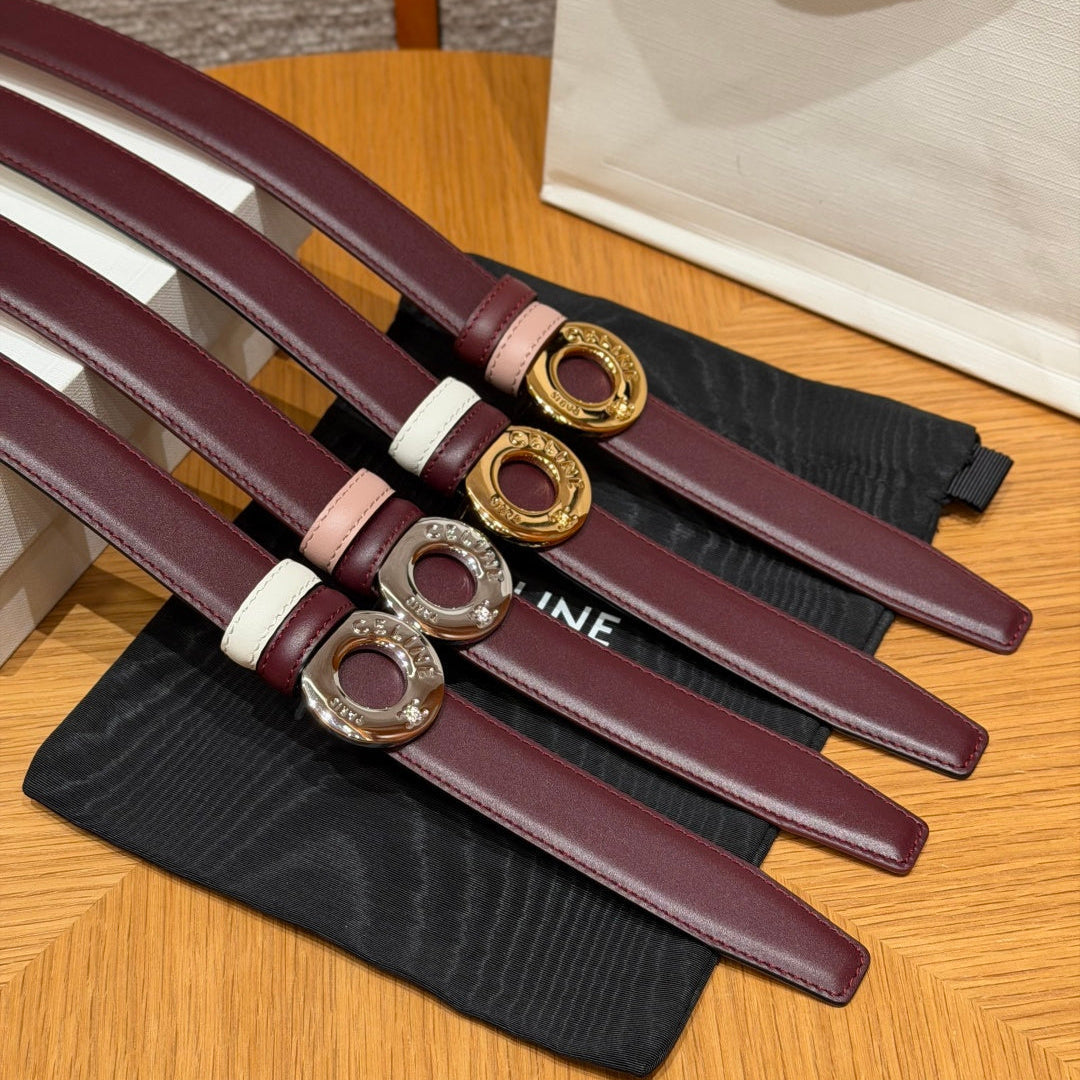 Celine 2026 Disc Buckle & Reversible Strap Belt 2.5cm Burgundy Leather