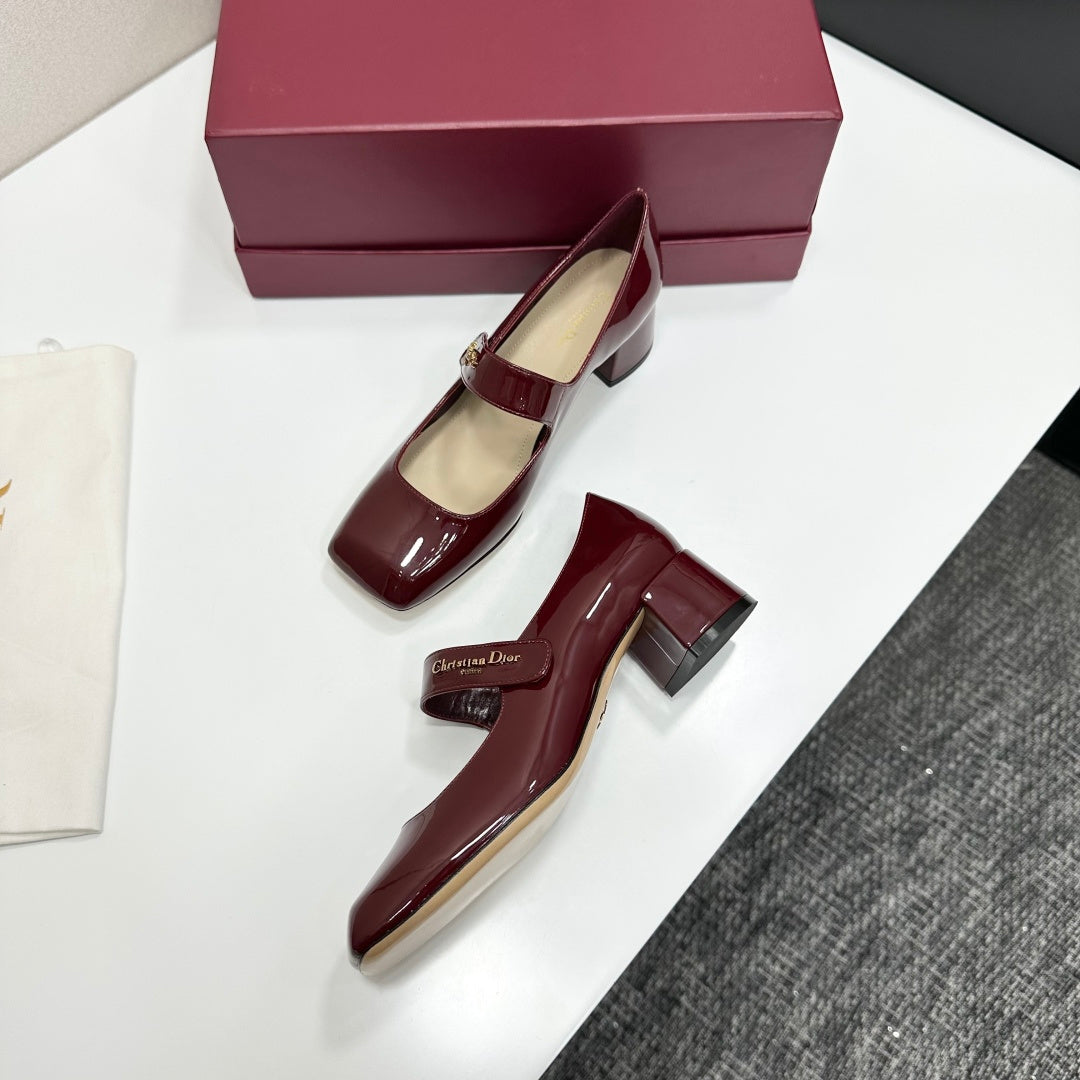 Dior 2026 Square Toe Velcro Chunky Heel Mary Jane Shoes 50mm Patent Leather