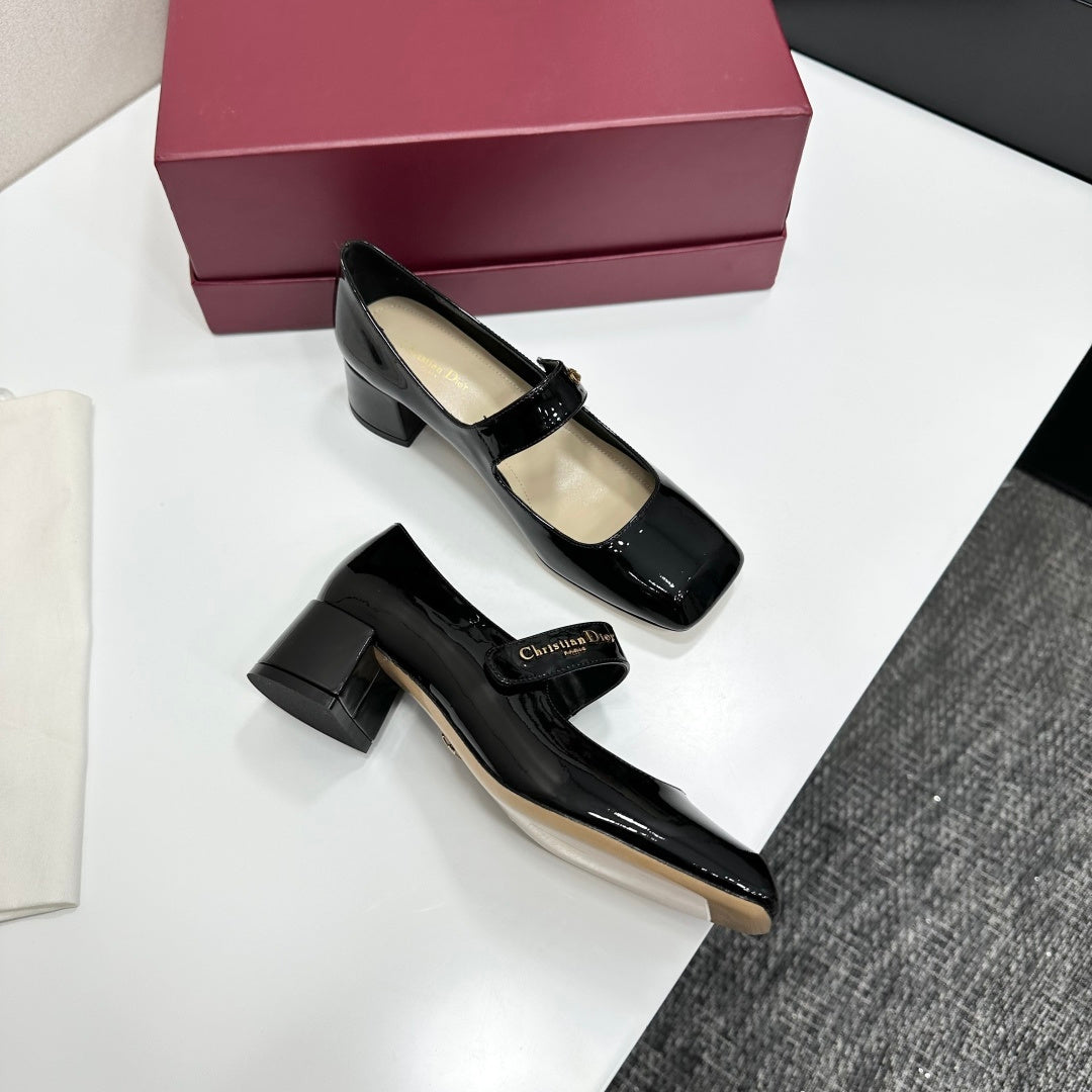 Dior 2026 Square Toe Velcro Chunky Heel Mary Jane Shoes 50mm Patent Leather