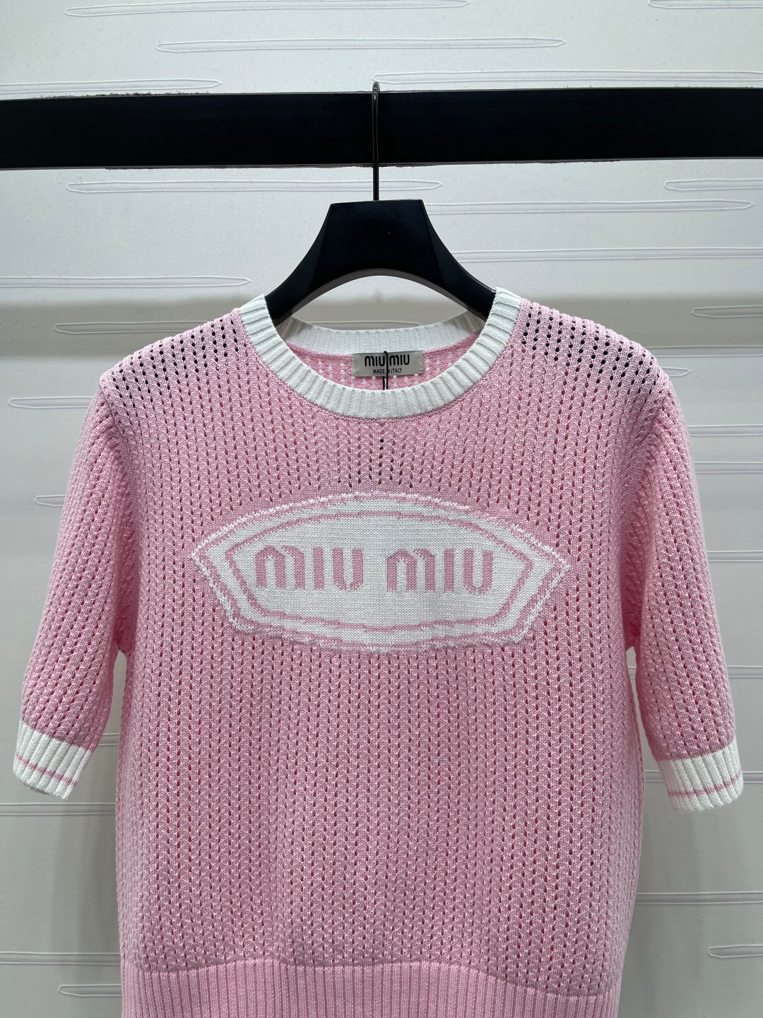 Miumiu 2026 Crew Neck Openwork Knit Short-sleeved Shirt Wool