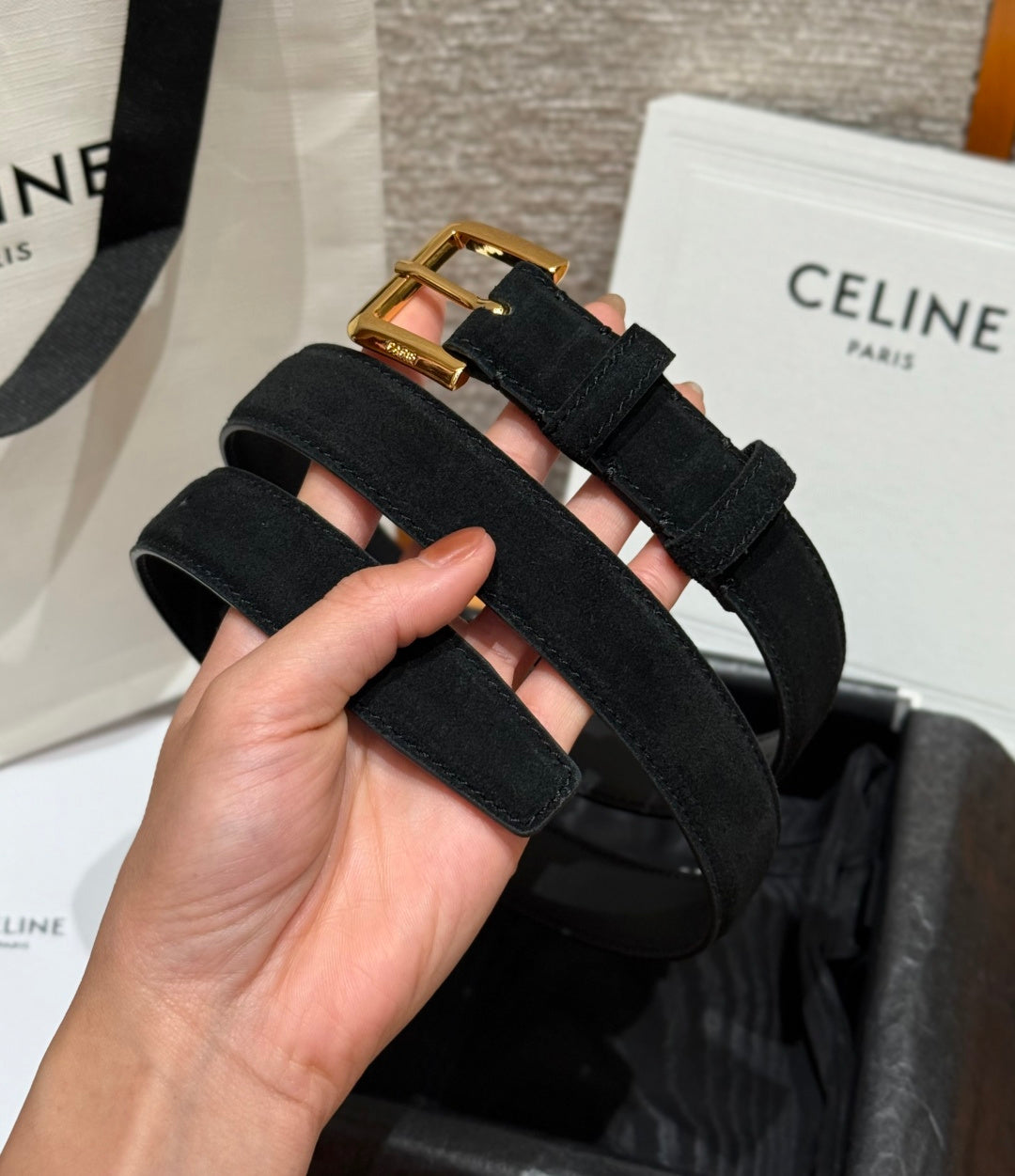 Celine 2026 Arc de Triomphe Belt 2.5cm Suede Cowhide