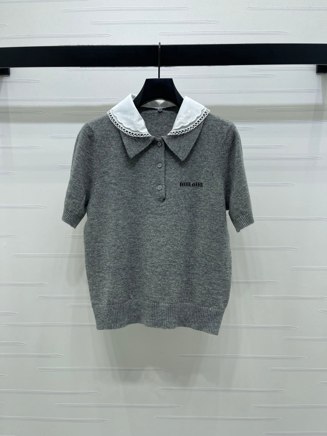 Miumiu 2026 Pan Collar Knit Short-Sleeve T-Shirt Gray and Navy Blue Wool