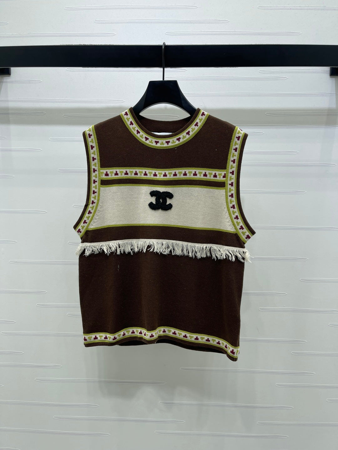 Chanel 2026 Crew Neck Knit Vest Grey and Brown Wool