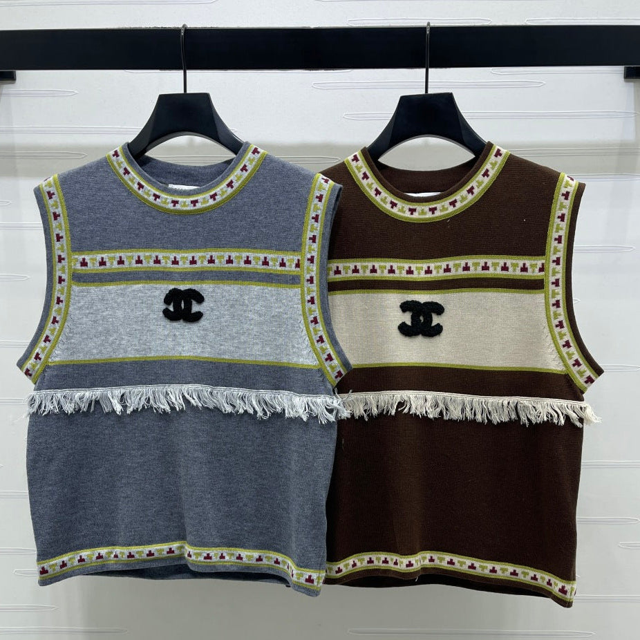 Chanel 2026 Crew Neck Knit Vest Grey and Brown Wool