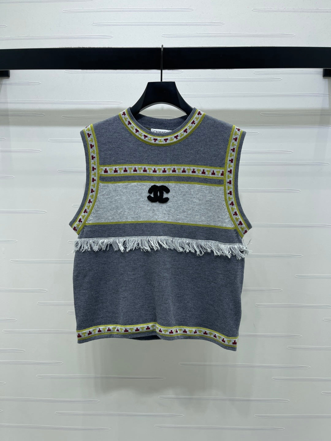Chanel 2026 Crew Neck Knit Vest Grey and Brown Wool