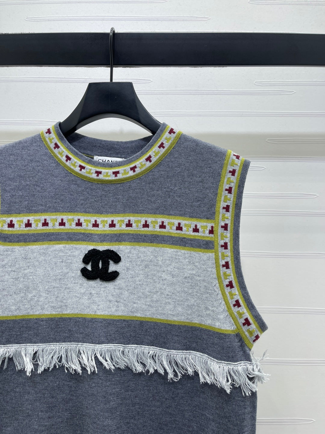 Chanel 2026 Crew Neck Knit Vest Grey and Brown Wool