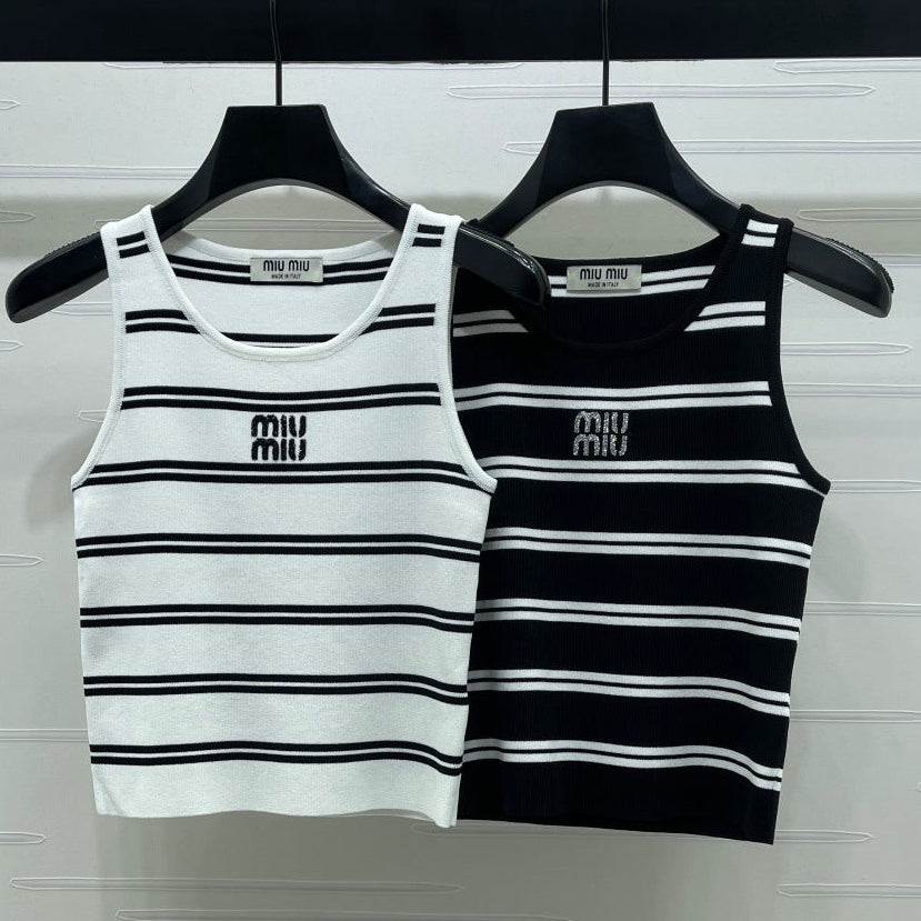 Miumiu 2026 Crew Neck Striped Knit Vest Black and White Wool 352631