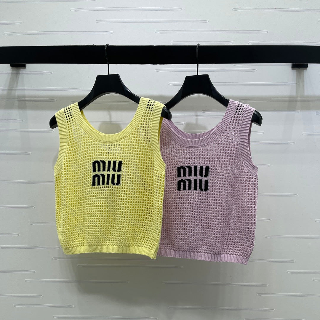 Miumiu 2026 Hollow-out Letter Knit Vest Yellow and Purple Cotton 352580
